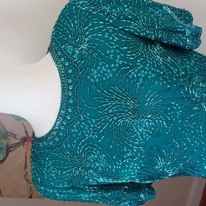 Vintage Sequin dress round neck short sleeve mini silk teal green size 6-8